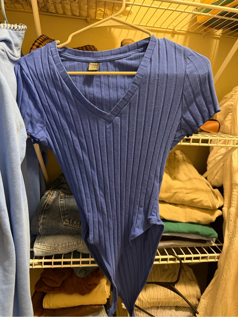 SHEIN Blue Ribbed V-Neck Short Sleeve Bodysuit